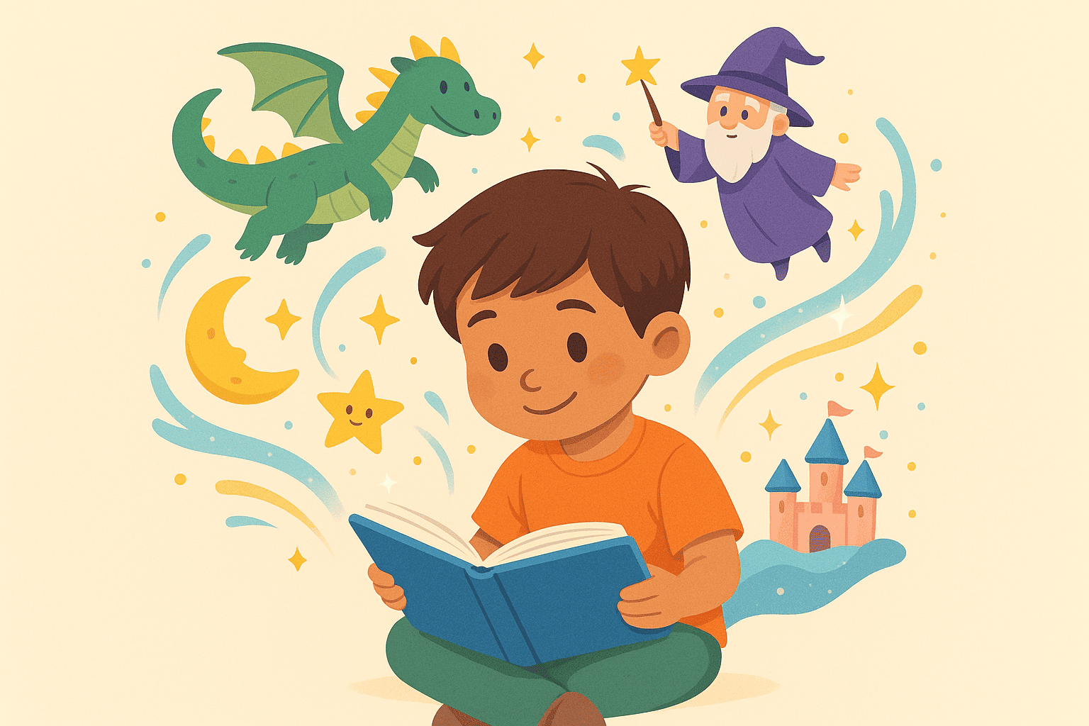 Niño leyendo un libro personalizado con elementos mágicos saliendo de las páginas - PeekaBooks Kids